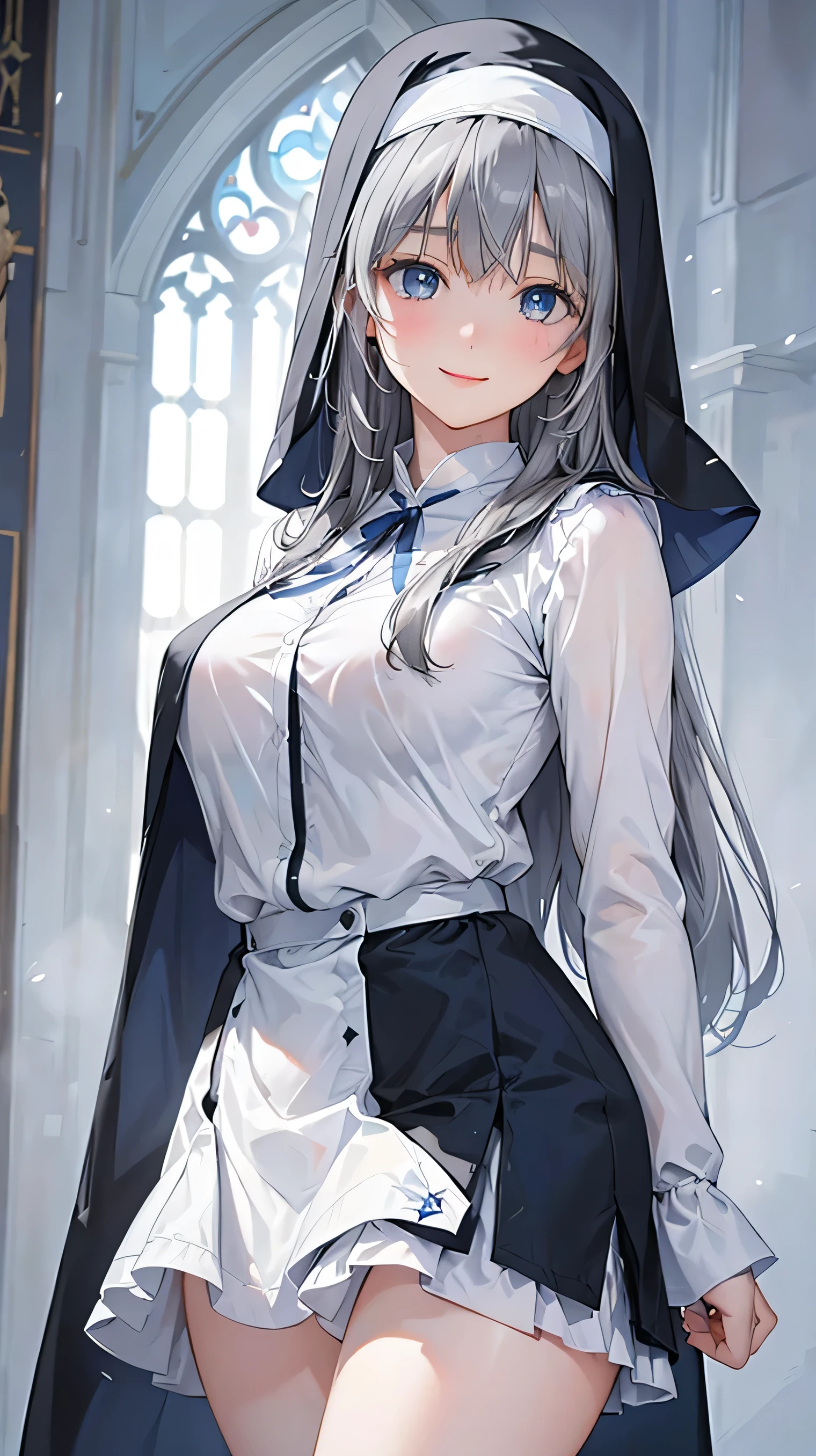 8k resolution,((Best Quality)),Ultra-high resolution,Adult women, Alone, sexy, (A kind smile), (Blue eyes), A beautiful, symmetrical face, (Gray neat long hair),Elegant nun clothing,Long skirt,White nun hood,Realistic:1.4,Realistic:1.4,(masterpiece:1.2),Perfect Eyes,Perfect Eyes,church,Perfect thighs covered in a skirt