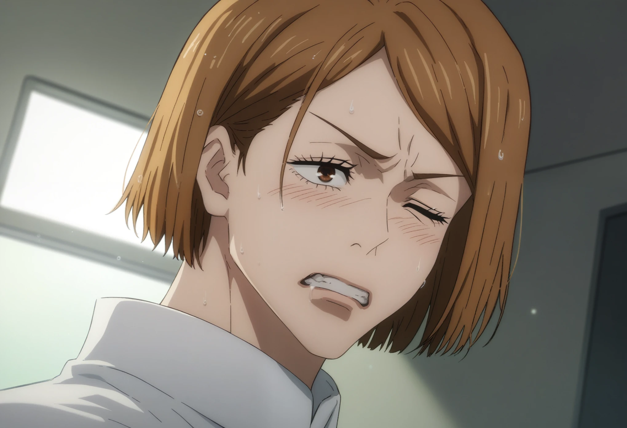 sauce_anime, ambient light,
jujutsu_kaisen_style, 1girl ,tall girl, nobara kugisaki, bob cut, brown eyes, brown hair,, short hair, close up face:0.2 ,
nsfw, Nobara Kugisaki, (show off bra),undress white shirt, white lace panties,
indoors, bed, realistic bed room, (on side),
cowboy shot, looking at below, solo, dutch angle, blush,, wince, frown, clenched teeth, saliva, wet body, medium breast,