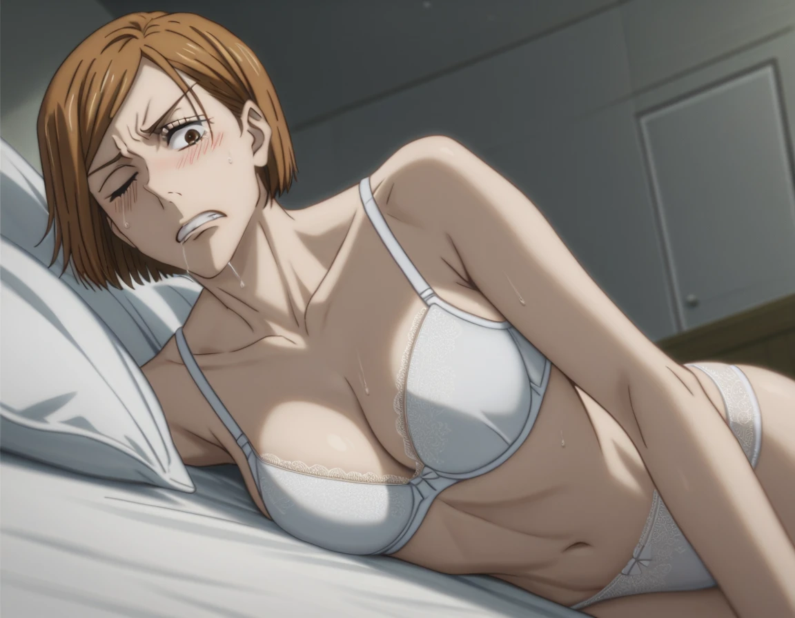 sauce_anime, ambient light,
jujutsu_kaisen_style,  1girl ,tall girl, nobara kugisaki, bob cut, brown eyes, brown hair,, short hair, close up face:0.2 ,  
nsfw, Nobara Kugisaki, (show off bra),navel ,undress white shirt, white lace panties,
indoors, bed, realistic bed room, (on side), 
cowboy shot, looking at below, solo, dutch angle, blush,, wince, frown, clenched teeth, saliva, wet body, medium breast, 