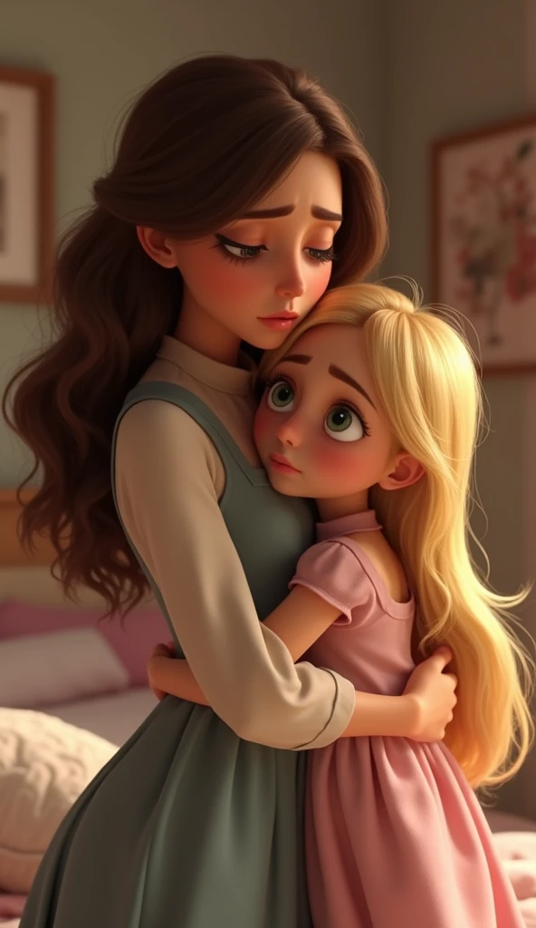 An 8 year old girl with long brown hair being beaten by a blonde lady with long hair and a beautiful dress in a beautiful house that the woman wants to hit her that the lady is angry this same image but that the woman has a dress 
