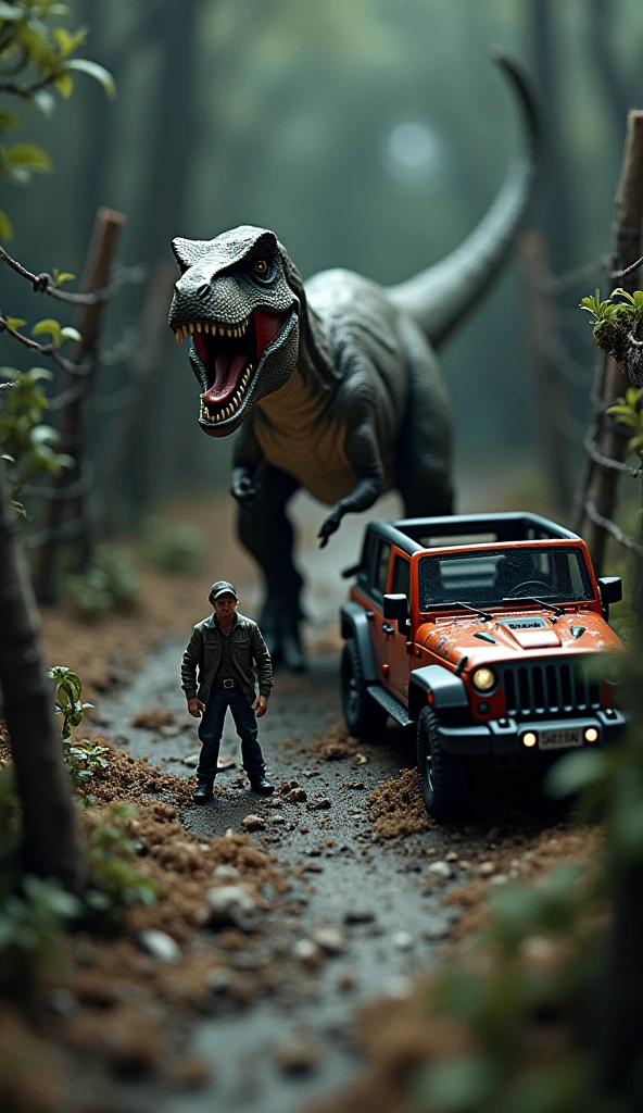photography of miniature jurassic park, dark lighting, t-rex, jeep, human, destroyed fence, top down view