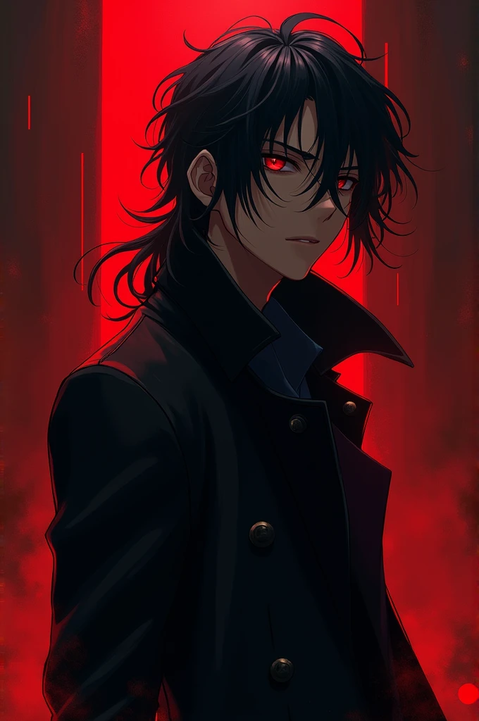 male character ,slightly messy black hair, vibrant orange eyes, black overcoat like the one of death. anime dash