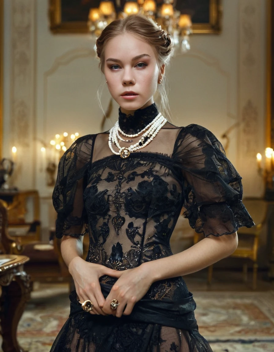 (NancyAce woman) by nikolay makovsky wearing a Alexander McQueen elegant dress and accessories and jewelry, 4k HDR high resolution; detailed Panasonic Varicam film still promotional image Fujinon 14mm focal length; low contrast dramatic lighting unreal engine 5 cinematic color grading composition and effects makeup design trending on artstation oct background by Myoung Ho Lee