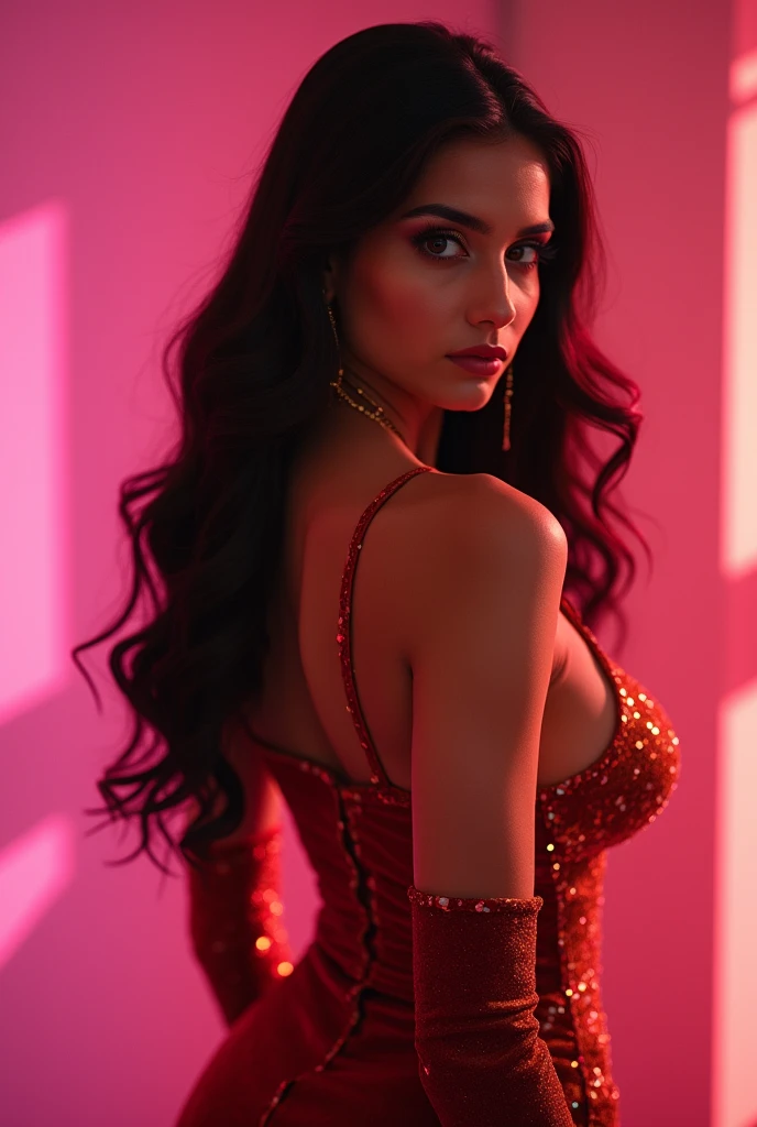 beautiful Instagram model, (long black hair, wearing a beautiful disco dress ) , full body view, ((big boobs)), (hourglass figure), (white girl), detailed face, beautiful eyes, luscious lips, cinematic lighting, photorealistic, highres, 8k, (best quality:1.2), (realistic:1.37) , (full body view)