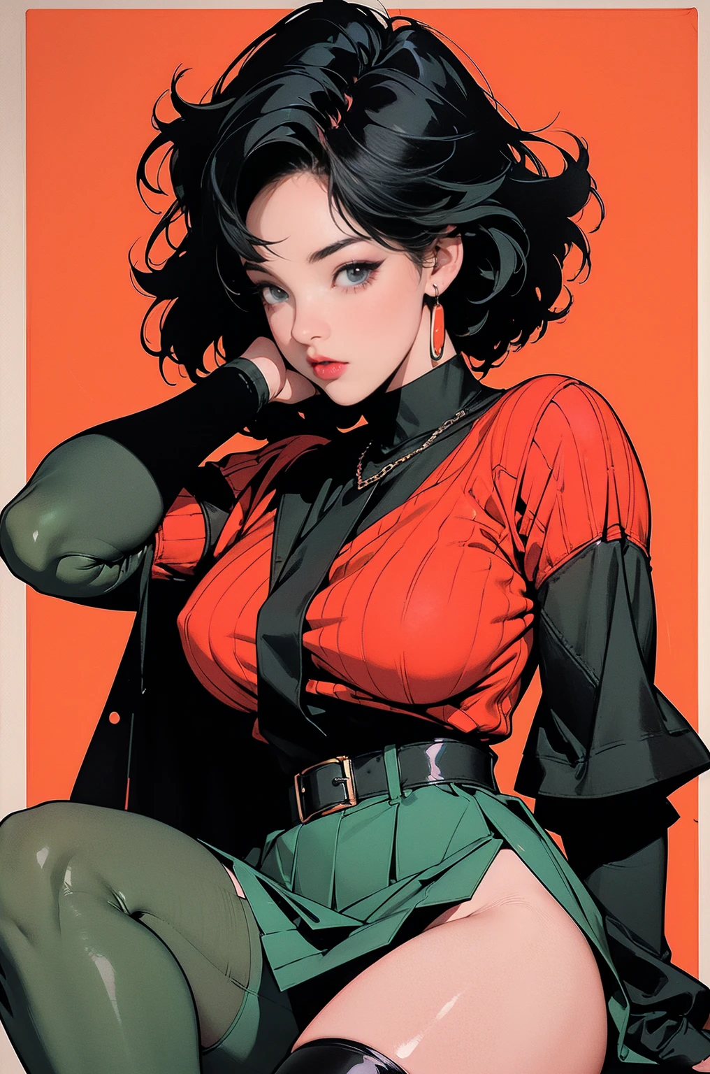 
(best lighting) (best quality, masterpiece:1.2), illustration by hajime sorayama, perfect body, hyperfeminine curves, woman, 2, short black hair, green eyes, curvy, thick black lipstick, black eyeliner, earings, high fashion, punk fashion, black and red outfit, knee high socks, stockings, skirt, punk, leather, solo