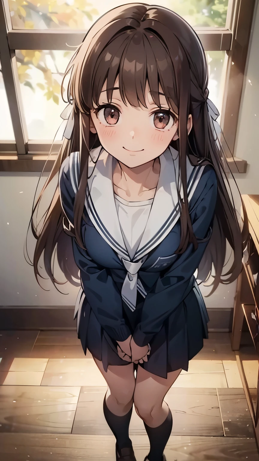 { 4k wallpaper : illustration : beautiful detailed eyes : extremely detailed face : perfect lighting : extremely detailed CG } {  }{ horror gloomy atmosphere} { dark horror theme } { retro_anime_filter } { in_classroom }  { 1girl : Tohru_Honda : cute_face :  : brown_hair  : Perfectly_small_shaped_breast : Perfectly_fit_body :   : innocent_smile: school_uniform } { standing }