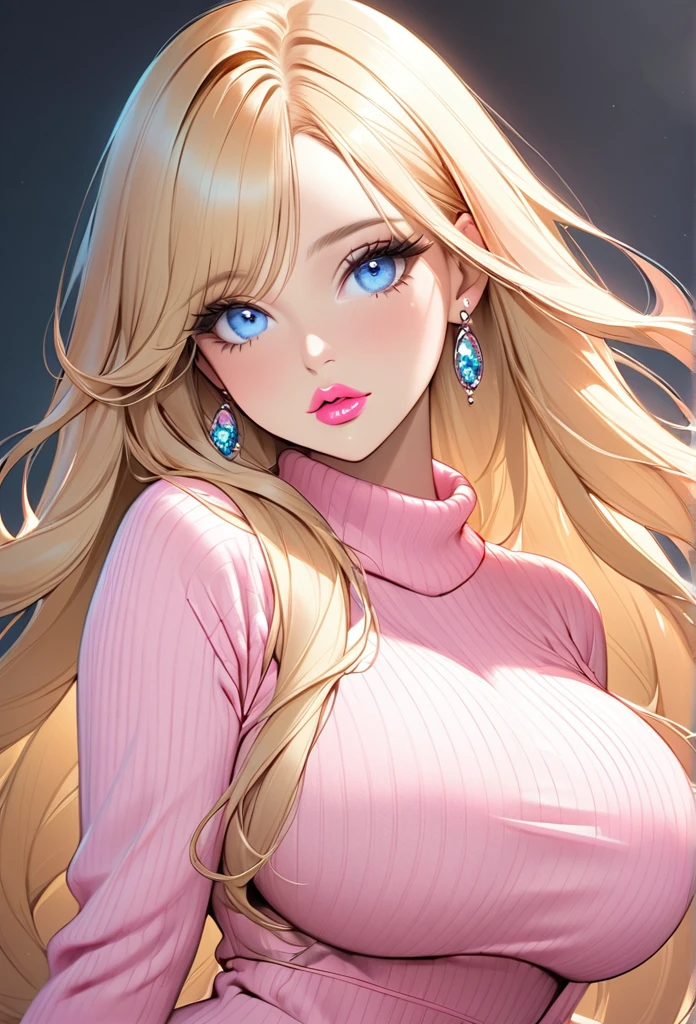 Woman, with very long blond  hair with light blue eyes, she is wearing a pink sweater dress, has big boobs, she has pretty pink lips, with peircings, she is wearing pink eyeshadow.