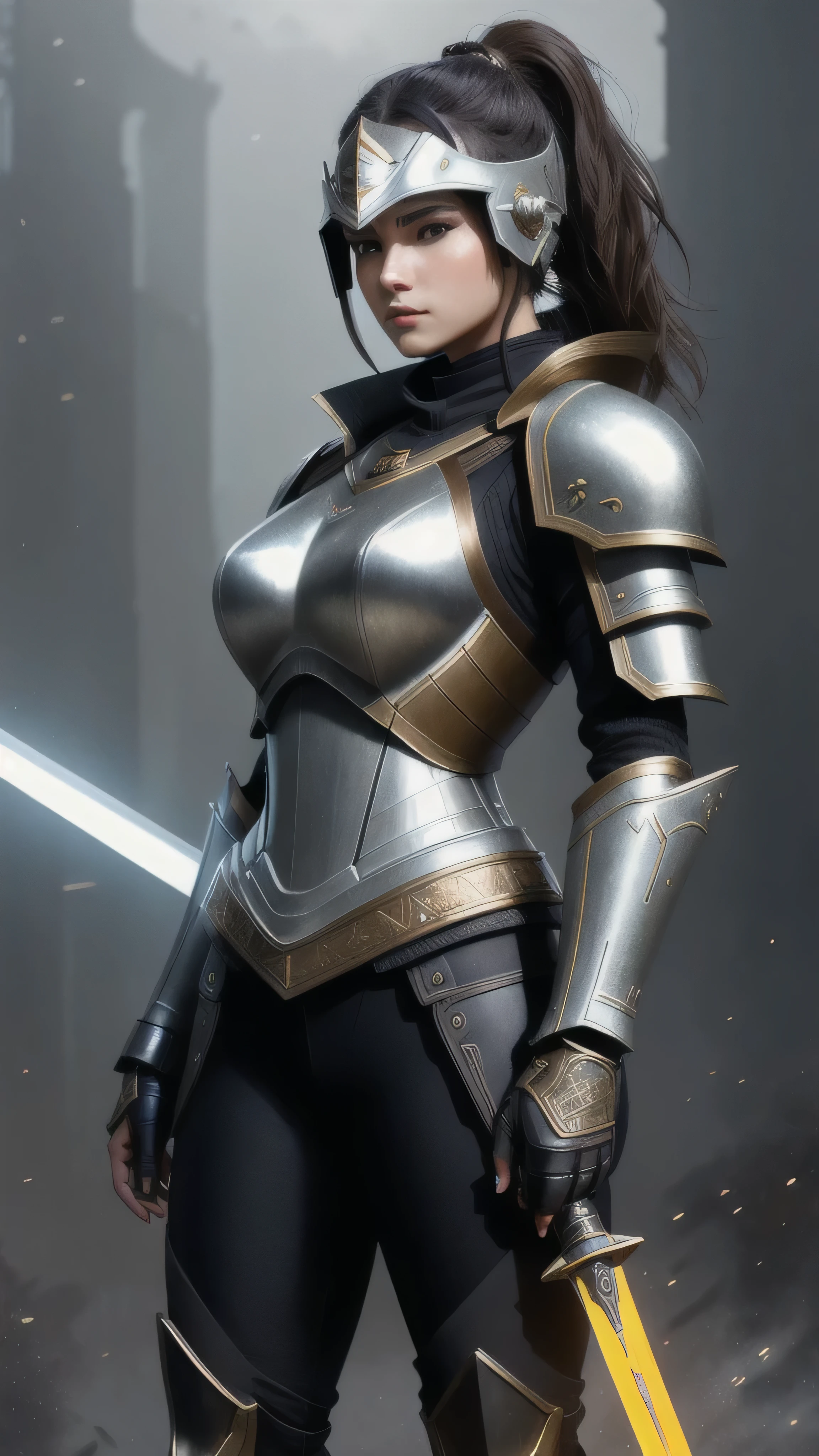 woman warrior, black ponytail hair, sleek elegant futuristic knight armor, metallic brown and bronze color scheme, helmet with sharp angular visor, traditional medieval elements, modern design, intricately detailed armor, holding large round shield, gripping sword, standing confidently, misty starry sky, warm glowing horizon, (insanely detailed, beautiful detailed face, masterpiece, best quality), cinematic lighting, 1woman, solo, full body view, (front view), looking at viewer, intricate, high detail, sharp focus, dramatic, photorealistic painting art by greg rutkowski