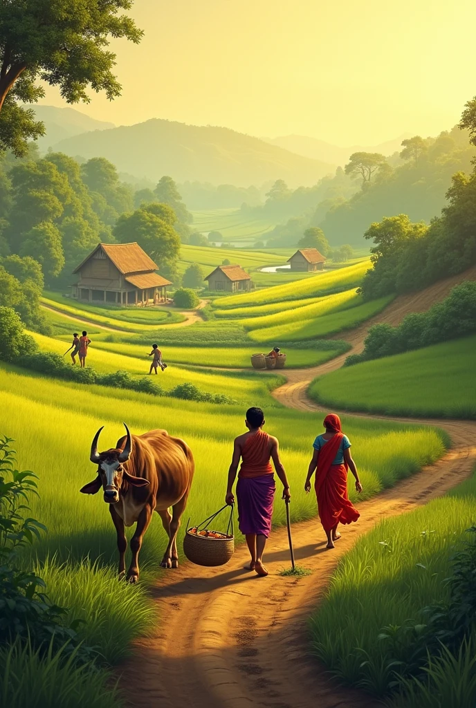 घास काटती हुई लड़कियां गांव में दृश्य, आसपास गाय और बैल, आसपास घास से भरी हुई बांस की टोकरिया, आसपास चिड़िया और तोता, गांव के रास्ते और गांव के कच्चे मकान