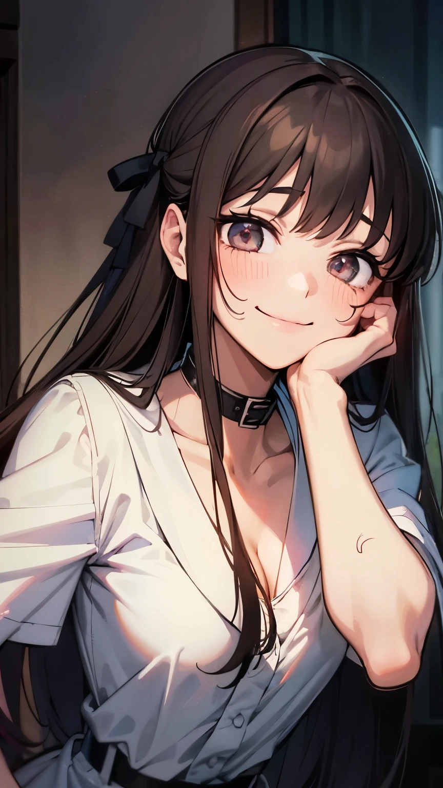 { 4k wallpaper : illustration : beautiful detailed eyes : extremely detailed face : perfect lighting : extremely detailed CG } { nsfw : hentai  }{ horror gloomy atmosphere} { dark horror theme } { retro_anime_filter } { in_otaku's_messy_room }  { 1girl : Tohru_Honda : cute_face :  : brown_hair  : Perfectly_small_shaped_breast : Perfectly_fit_body :   : scary_smile : devious : teeth : oversized_collar_shirt } { slut : seductive : hands_on_breast }