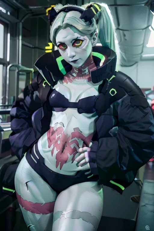 Rebecca, 1girl, mature woman, (fully naked, completely naked):1.2, flat breast, futuristic cyberpunk, lewd grin, (twin tail, hairband, colored sclera, red sclera, long hair, green pupils, fang, red eyes, black croped jacket), colorful detailed illustration, cinematic, ultra highly detailed, beautiful details, vivid, saturated colors, filigree detailed, tiny details, pop surrealism, cowboy shot