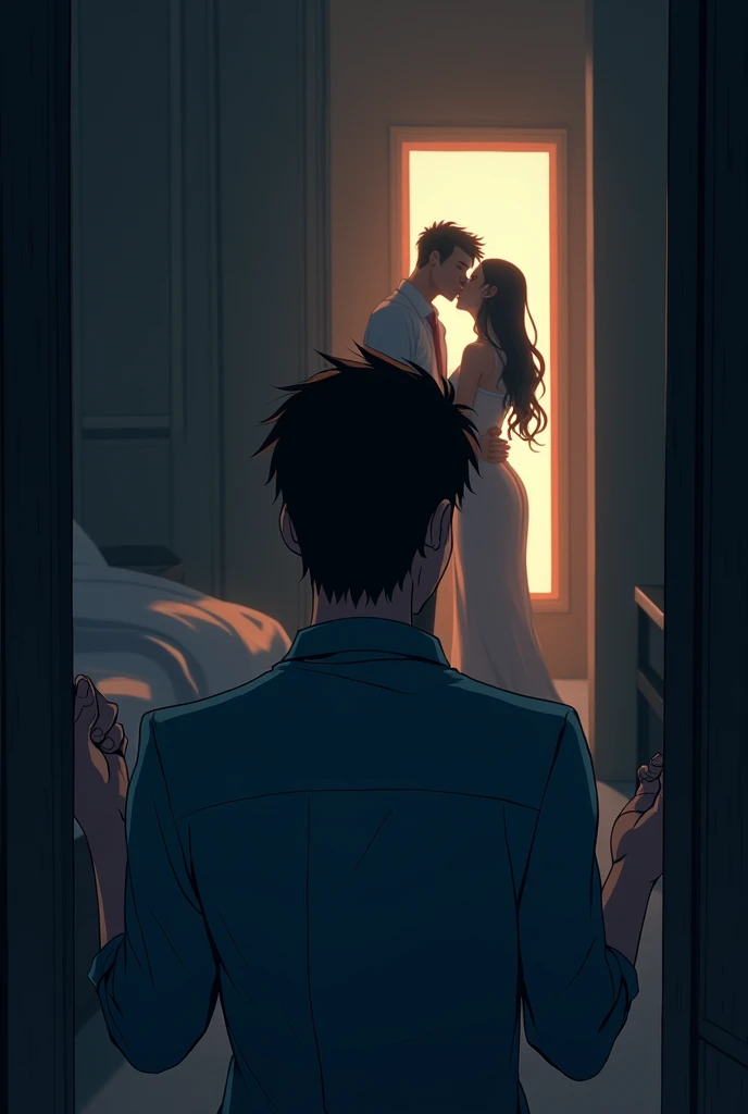 Best quality at best, tmasterpiece, A high resolution, Detailed pubic hair, Anime screenshots, Silhouette fun, heterosexuality, 1 girl and 1 boy, sliding door, dim murky lights, NSFW, From the side Side, Cowgirl position, , , kisses, hugs,