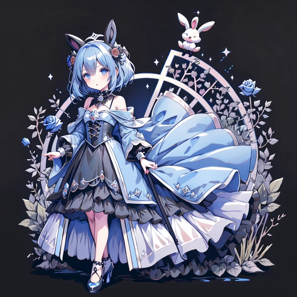 Chibi、royal blue background、Black clothes、Long sleeves with flared cuffs、Shoulders are exposed、One piece flare skirt、Holding a stuffed rabbit in one hand、Black and royal blue palette、Gothic Shoes、Front facing the viewer、Black Rose、🌙、Perfect Anatomy、heart、