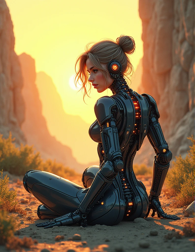 Photo of an extremely beautiful female humanoid robot with dark skin and long hair, kneeling on the ground in tears, in front of her is a desolate wasteland filled with dust and rocks, bathed in golden hour lighting, in the style of Ron Whiteo.