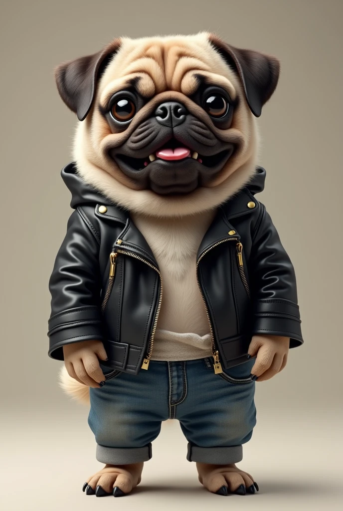 A pug wearing a leather jacket and jeans is standing on two legs,cute,puppy,smile,whole body,Alone,Real