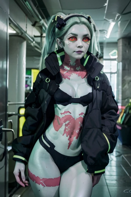 cprebecca, beautiful full body girl standing and looking forward, metallic-like skin, colored skin, white skin, green hair, twin tails, artificial eyes, green eyes, colored sclera, red sclera, black jacket, black bra, black panties