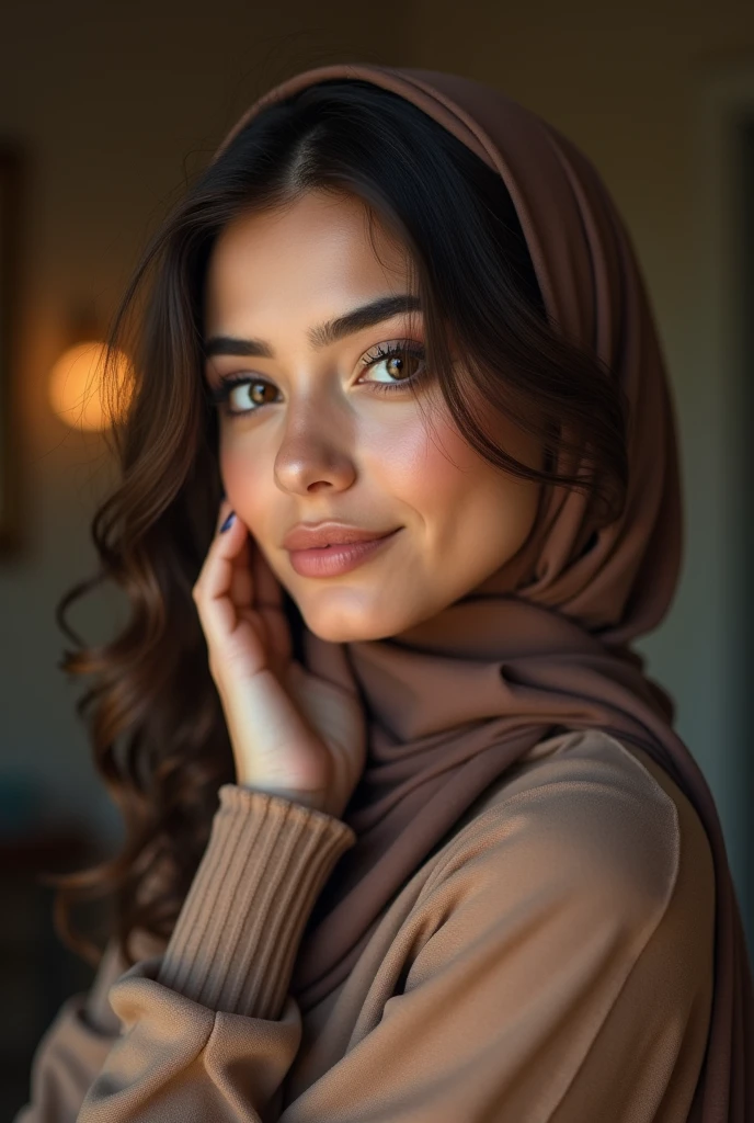 Middle East 33 woman with nude pink scarf brown smiley eyes portrait looking at camera beige summer abaya