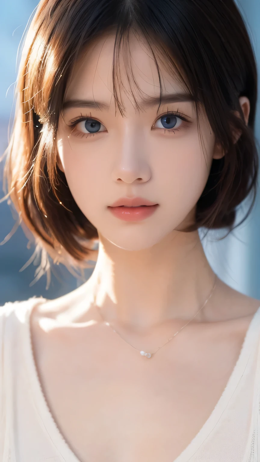 ((Photorealsitic))、top-quality、hight resolution、masutepiece、a picture、wall-paper、realisitic、Bright lighting、profetional lighting、face lights、Smooth lighting、Women in Japan、Big sister、Adults、Beautuful Women、女優、modeled、gravure、A sexy、wretched、unclear、Super beautiful、Beautiful skins、Beautiful and detailed eyes、Beautiful and detailed eyes、A detailed face、slim、large full breasts、short medium hair、brunette color hair、