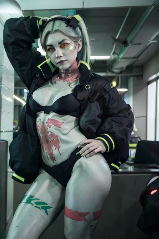 cprebecca, beautiful full body girl standing and looking forward, metallic-like skin, colored skin, white skin, green hair, twin tails, artificial eyes, green eyes, colored sclera, red sclera, black jacket, black bra, black panties