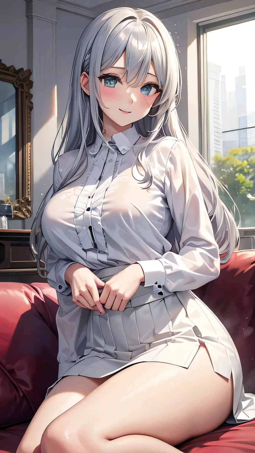 (1girl), ((mature women)), (solo), ((blue eyes)), squinted eyes, ((long hair)), ((white hair)), (wolf ears), (messy hair), headwear, (hair clips), face blush, ((pouting expression)), arms at side, choker, (white jacket), (black skirt), ((lying position:1.5)), bedroom, female focus, ((medium breasts)), ((medium thighs))