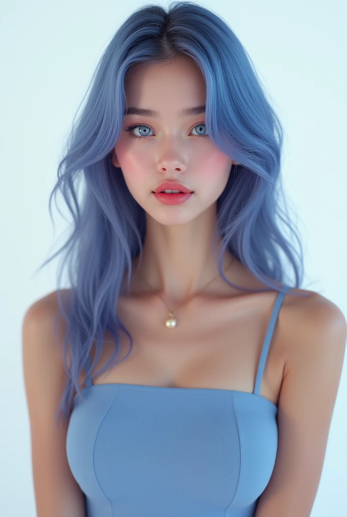 a beautiful naked woman with pointed nose cyan hair, freckles and shy appearance, showing her wet vagina and her face red with pleasure Uwu