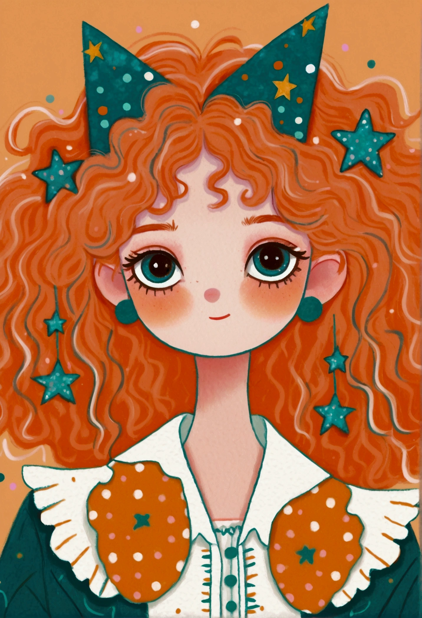 curly orange hair, teal horn headband, teal star headband, teal earrings, teal jacket with a star, white ruffled shirt, background with soft peach color, playful and whimsical atmosphere, illustrated style.