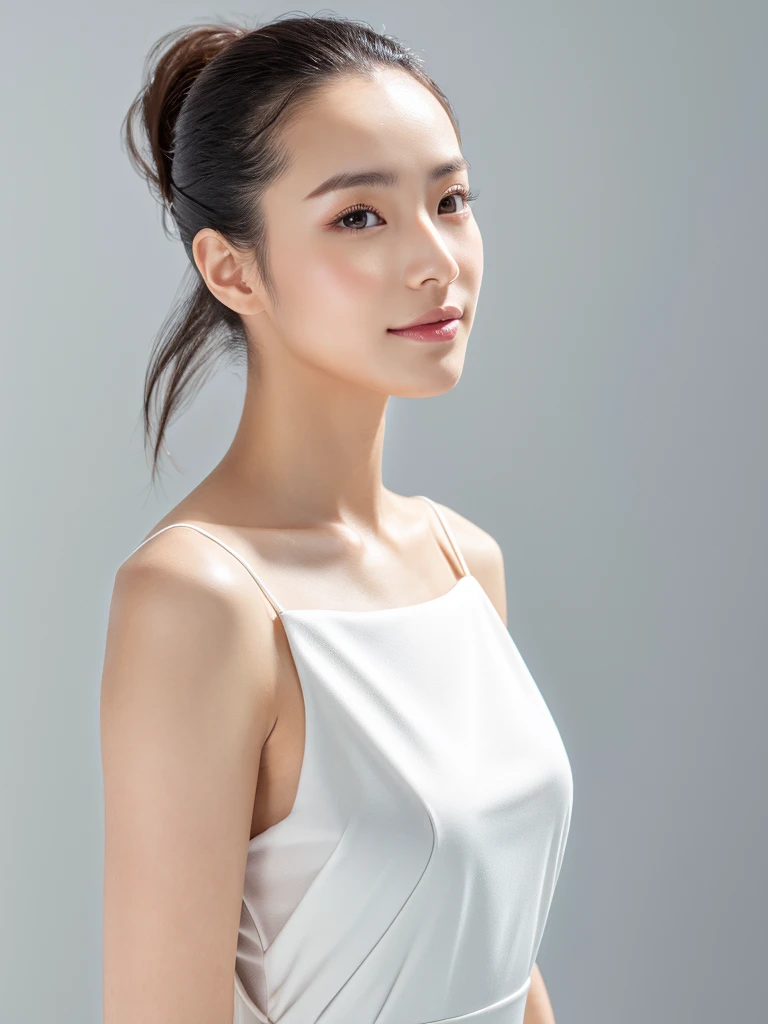 masterpiece, highest quality, High resolution, 1 girl, realistic, white background, closed your mouth, Smile, black hair, short hair, Big eyes, Clear double eyelids, ears are sticking out, Absolute area, 30 years old, attractive proportions, Glossy skin, beautiful clavicle, face of golden proportions, perfect face, bangs, lip gloss, thin lips, small breasts, small face, Upper body, look slightly upward at the camera, Facing straight ahead, keep your head straight without tilting it
