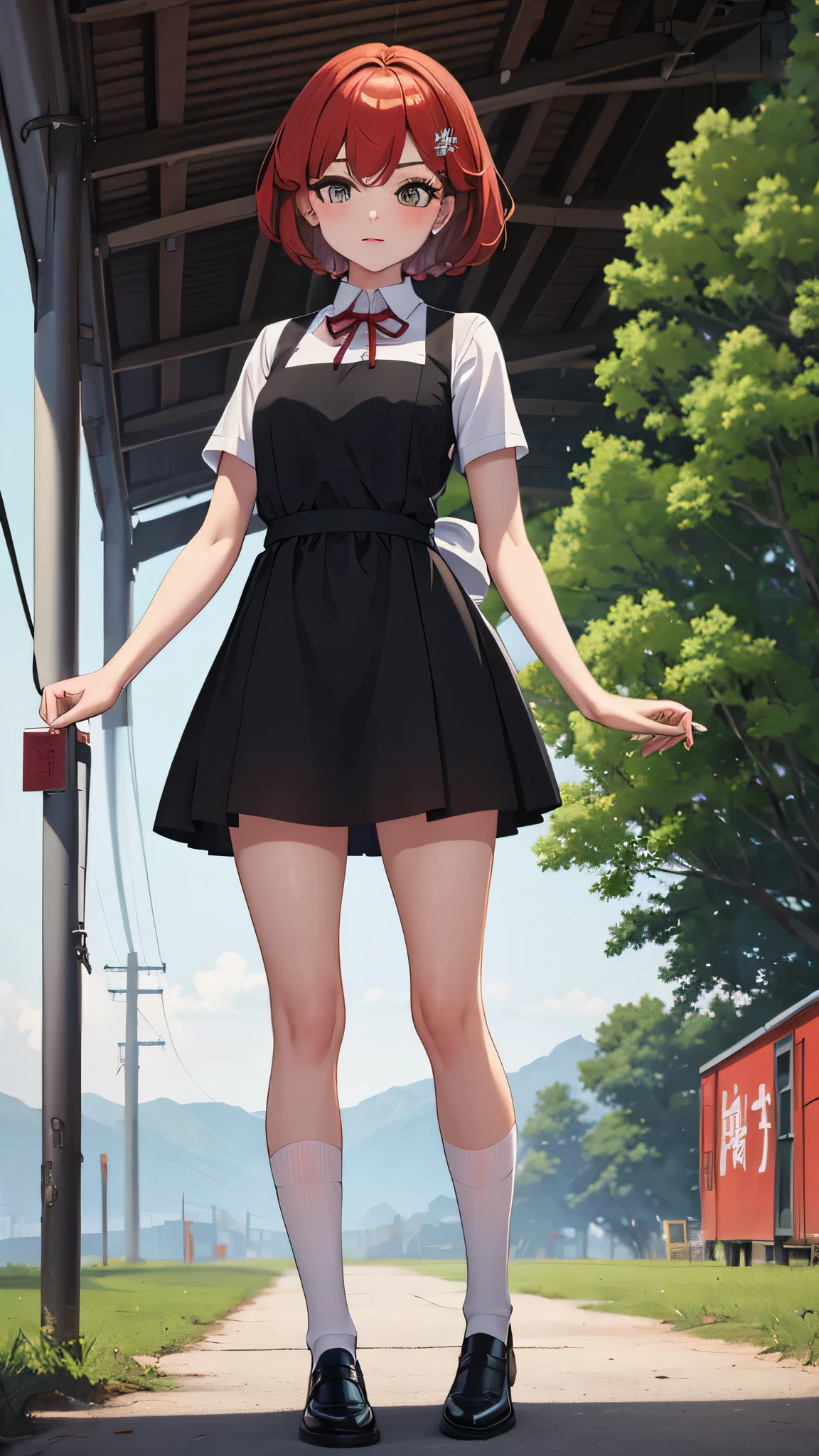 masterpiece,Highest quality,One girl,daughter, hair ornaments, ribbon, Apron dress, mini skirt, White shirt, Short sleeve, socks, Mary Jane,Are standing,At the station,Asian architecture,Power lines,Outdoor, 