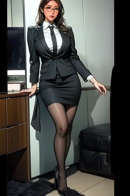 beautiful priti patel, navy skirt suit and pantyhose, photo realistiv, highly detailed, panties showing through sheer pantyhose close up