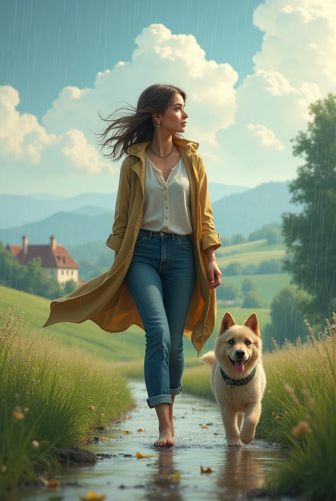 (Masterpiece:1)A girl walking in the country side wearing a beautiful top and jeans and raincoat while raining, at very distance a small village, (the sky is cloudy and wind is slow and cool, a cute pet dog companion walking along with the girl. HD quality, very good detailing, masterpiece, wonderful.