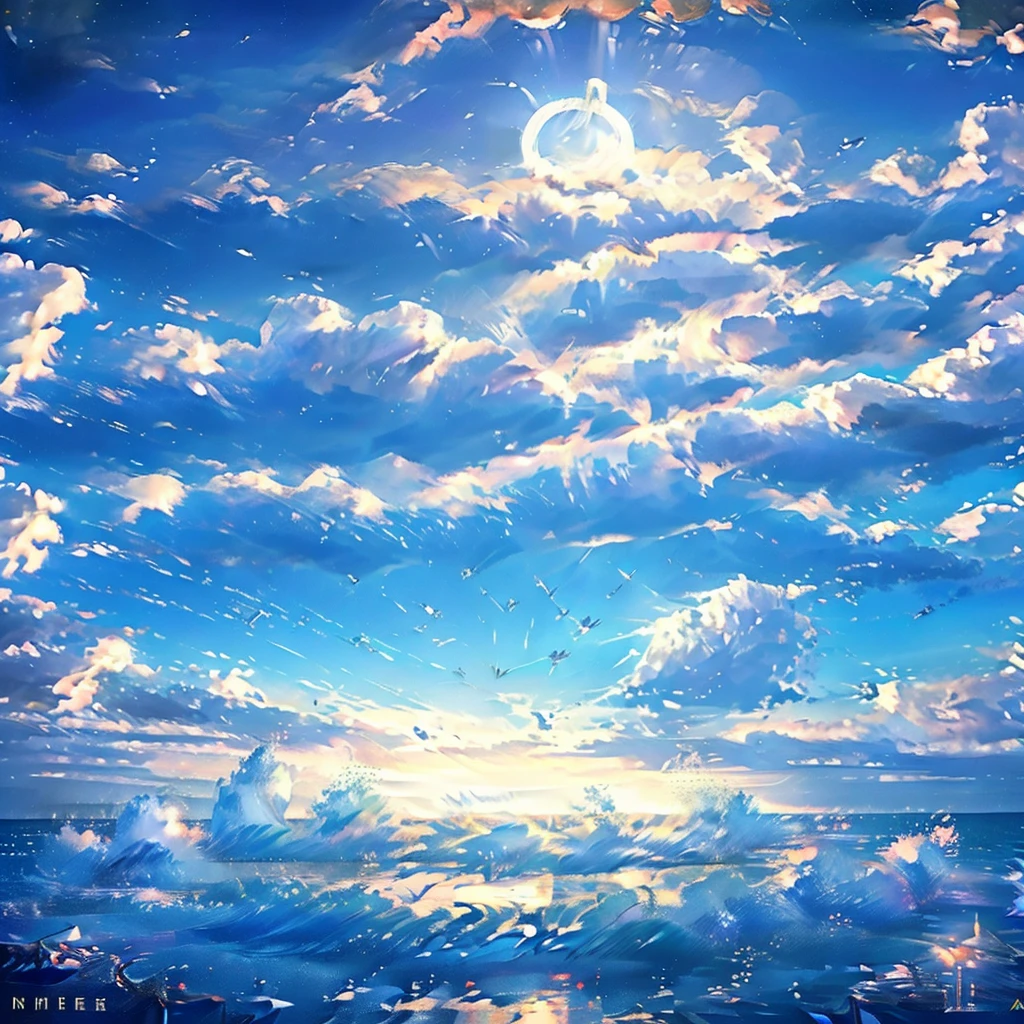 眩Shii光、night、lame、The Wide Ocean、nightの海、Half in the sea、Shining Full Moon、Two Dolphins、Very detailed, Exquisite crystal work, Futuristic, Sophisticated, Cinema Lighting, Sparkling Surface, Realistic, 8k, Very detailed, masterpiece、god々Shii、Beautiful blue sky、A lot of light rises from the sea to the sky