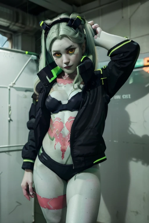 cprebecca, rebecca, beautiful full body girl standing and looking forward, round face, tender face, metallic-like skin, colored skin, white skin, green hair, twin tails, artificial eyes, green eyes, green iris, colored sclera, red sclera, black jacket, black bra, black panties