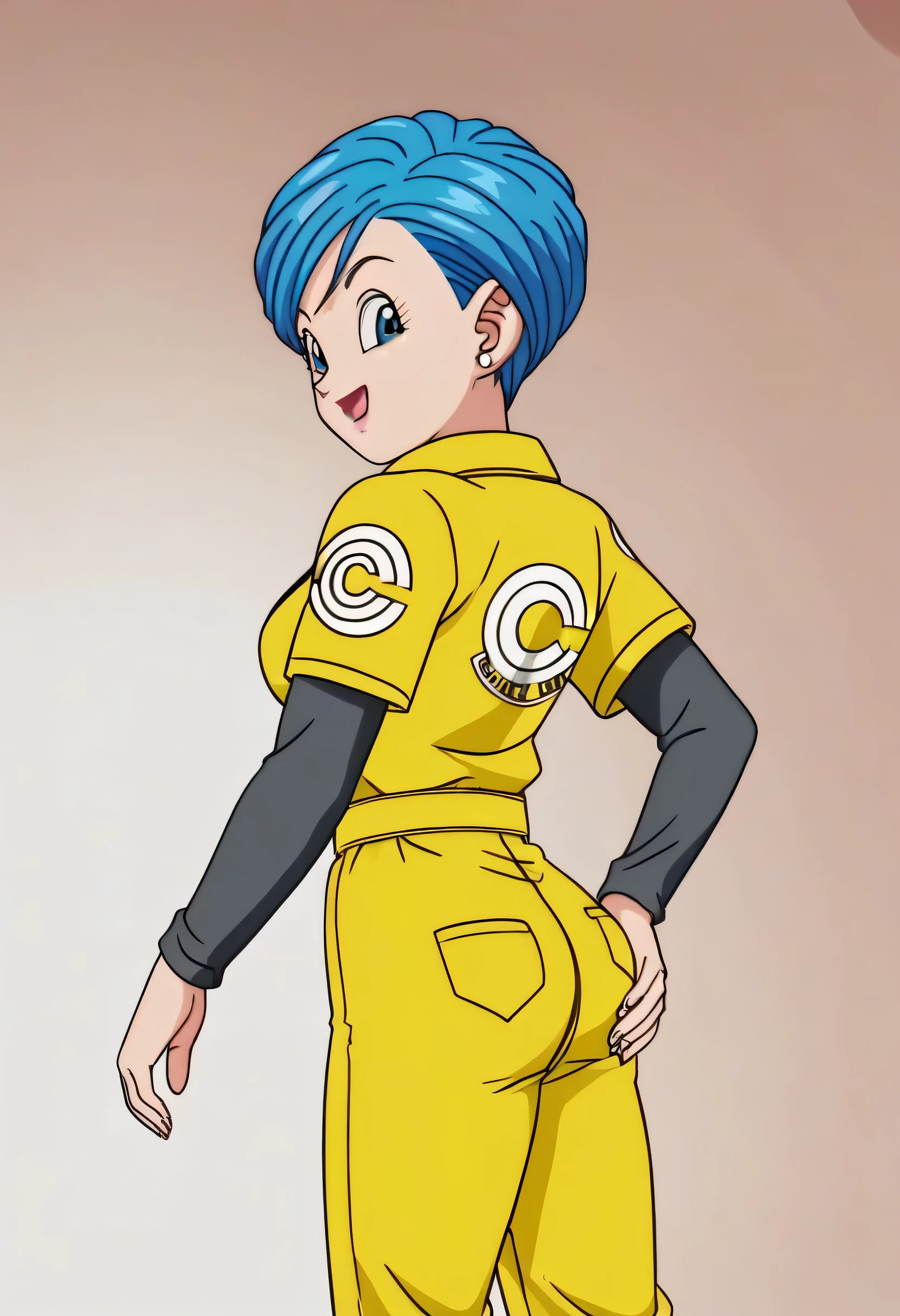 source_anime, score_9, score_8_up, score_7_up, anime screencap,8k, absurd res, attractive face, 
bulma, 1girl, solo, breasts, smile, short hair, open mouth, blue eyes, jewelry, blue hair, earrings, cowboy shot, belt, hand on own ass, looking at ass, yellow jumpsuit, black undershirt, short over long sleeves, layered sleeves
 