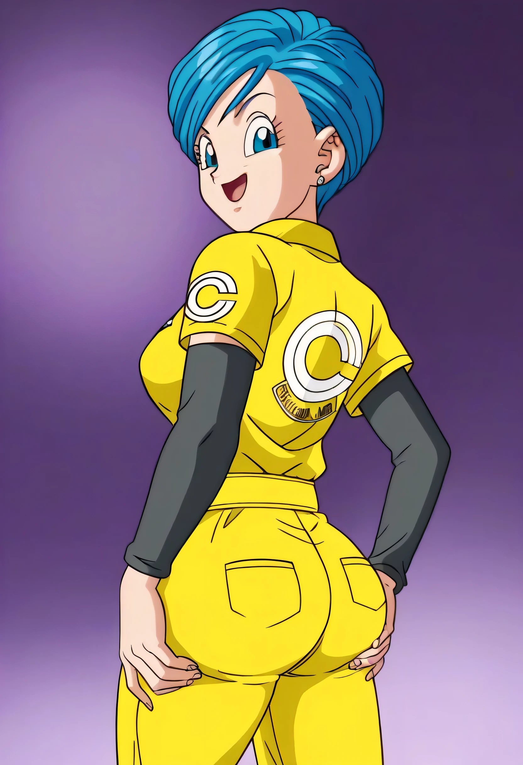 source_anime, score_9, score_8_up, score_7_up, anime screencap,8k, absurd res, attractive face, 
bulma, 1girl, solo, breasts, smile, short hair, open mouth, blue eyes, jewelry, blue hair, earrings, cowboy shot, belt, hand on own ass, looking at ass, yellow jumpsuit, black undershirt, short over long sleeves, layered sleeves
 