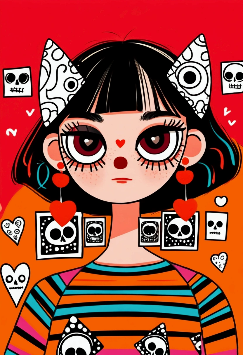 girl with bangs and cute bob haircut, wearing a playful skull mask with large hollow eyes and pointed ears, bright red square-shaped earrings, multicolored striped top, bold geometric design, standing pose, expressive cartoon style, worried facial expression, orange background with heart doodles, vibrant and quirky atmosphere, colorful and lively sketch