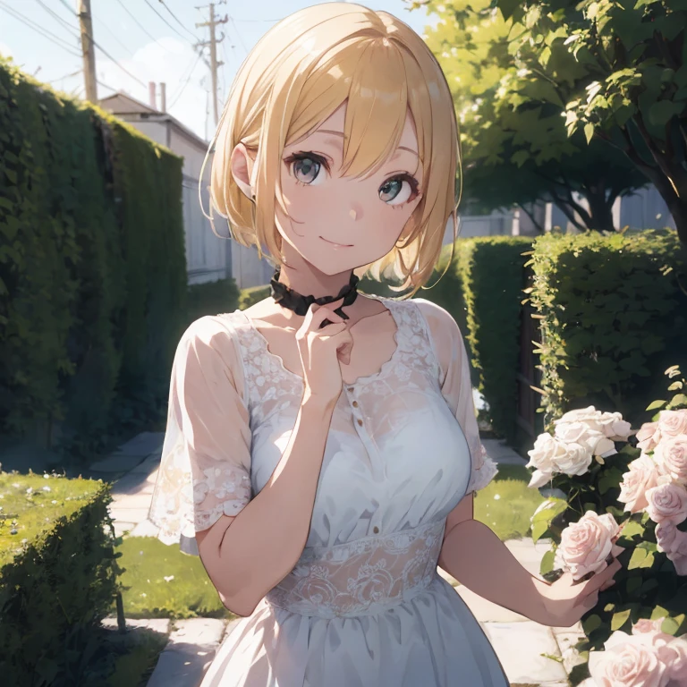 8k, RAW Photo Fujifilm, Avril-inspired photo of a beautiful young woman in a garden of pale pink roses (Highly detailed skin: 1.2) Style Petal Break Short Hair, Blonde and colored hair, Wear a dress, Film Granulation, 35mm, Cute Style