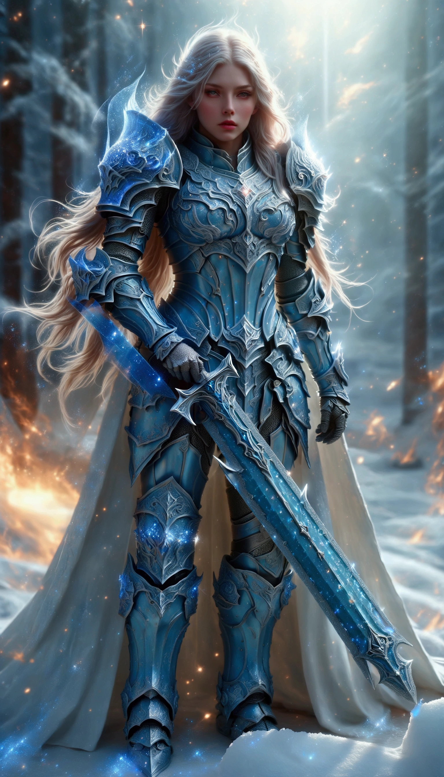 a close up of a woman in armor holding a sword, fantasy paladin woman, stunning armor, clothed in ethereal battle armor, ice crystal armor, gorgeous female paladin, pale blue armor, female paladin, beautiful armor, very stylish fantasy armor, picture of female paladin, heavy fantasy armor, dressed in light armor, girl in knight armor, armor girl