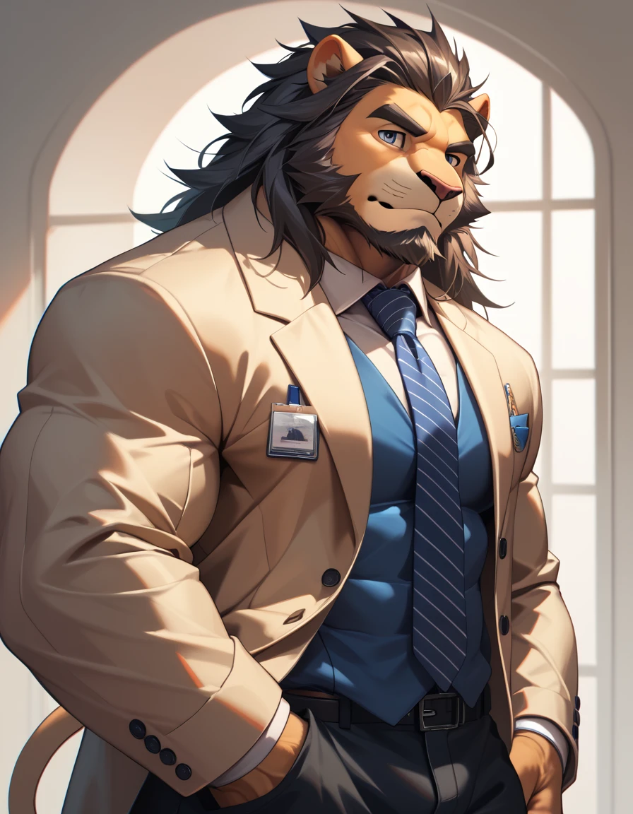 bara lion, fur, strong physique, perfect anatomy, masterpiece, black beard, big eyes, solo, great lighting, suits, tie, businessman