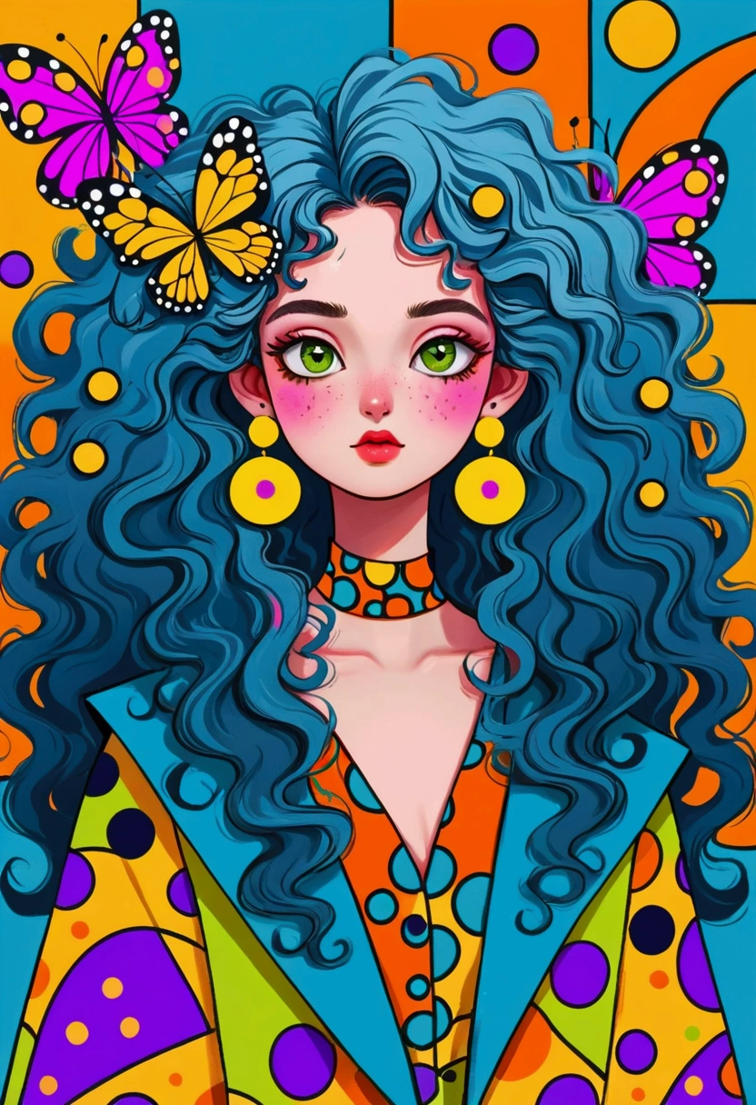 serious facial expression, big blue curly hair with vibrant yellow and purple patterns, large butterfly-shaped hair accessory, oversized green earrings, colorful clothing with bold patterns - blue with yellow dots and orange with black spots, geometric background with pink tones, iconic and whimsical atmosphere, front view, bright and cheerful color coordination, playful and artistic overall feel