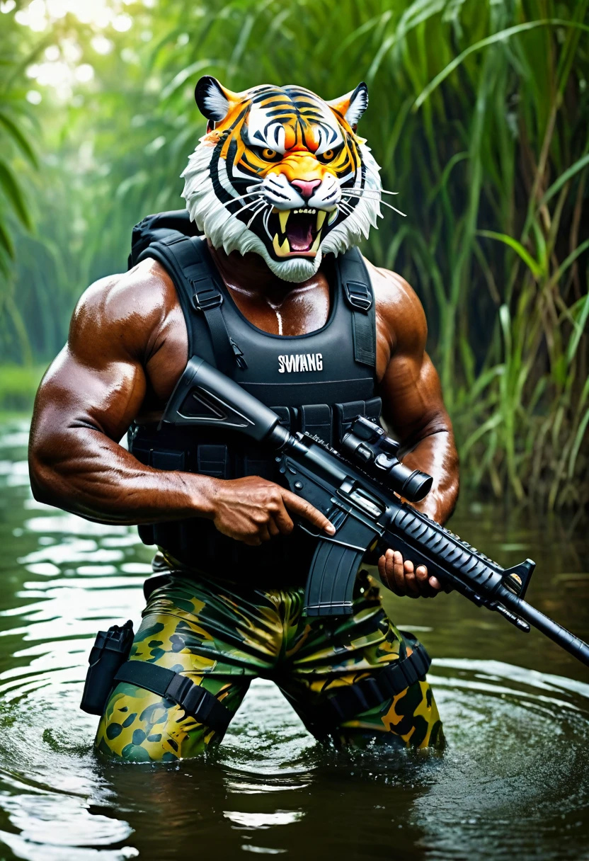 (a dark-skinned fat very muscular old man in a bulky army camouflage zipper diver suit) shooting with rifle, (wearing a small-sized realistic roaring tiger mask), dynamic action pose, fierce expression, carrying a gun, muscular, imposing stature, Basuki Abdullah style, sumatraism, action, (a character portrait), angry, heroic, fierce expression, vibrant colors, deep shadows, intense lighting, dramatic atmosphere, swimming in swamp, visual depth, lucid detail, ultra-detailed, ultra-realistic, professional, best quality. patrolling