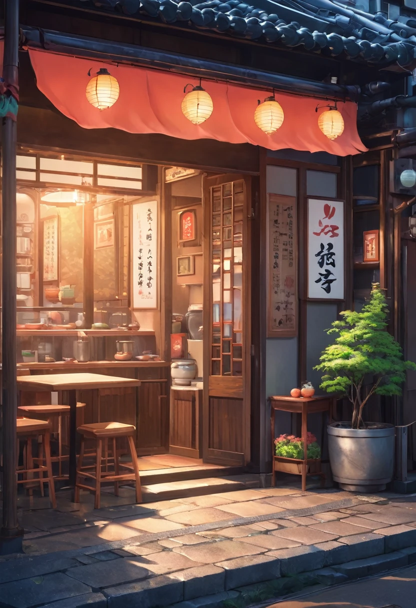 Anime style illustration of a small Japanese restaurant，There is a sign on iays &quot;Live a Wonderful Life&quot;, Anime Background art, High-detail storage, Cozy cafe background, Detailed scenery —width 672, commend artstyle, commend, Anime Background, Makoto Shinkai&#39;s style, in Makoto Shinkai&#39;s style, Convenience store, mysterious coffee shop girl, author：Yang J