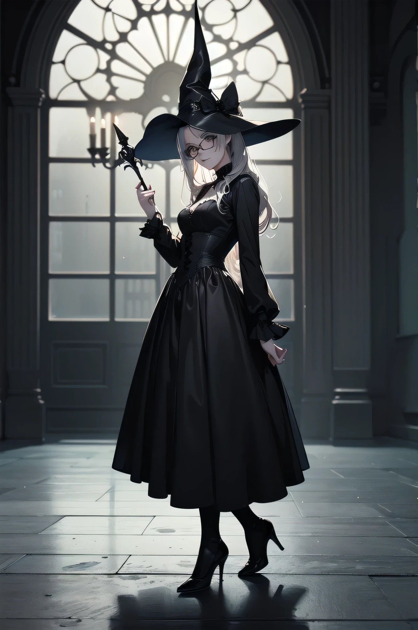 beautiful girl、cute、baby face、smile、Glasses、Long skirt、Black pumps、Magic wand、witch、beautiful girl、Gothicドレス、Long Dress、(Best Quality,4K,High resolution,Masterpiece 1.2),Very detailed,Real 1.37,Spooky altar background,Dark fantasy,Black color scheme,Ominous atmosphere,Eye-catching,Storytelling,Anime Style,Concept Art,Inappropriate behavior,,beautiful, Delicate facial features, pale Skin, Dark Background、Dark Background, Cinema Lighting, Dramatic Shadows, Gothic, Gloomy atmosphere, Dark fantasy, One person&#39;S, Red cheeks, ,(Blood splatter 1.3),Scary smile, smile,TwiSted smile、Bloody,(Blood splatter 1.3),Horror Style, ((Frilled Black Costume)), ((Flowing Black Hair)), Female Curves, Sexy flat stomach, Perfect hands, Perfect anime character face, (Black Dress)), Standing, ((Evil smile)), ,(Dark fantasy1.3), Moonlight Illumination, night lighting, (Blood splatter 1.3),Anime Angel Design, Gothicarchitecture、architecture、Western architecture、Fantasy World、,Victorian city, Skeleton Gas Light,Absurd, High resolution、 ((Tabletop)), ((Best Quality)), (Very detailedな), ((Very detailed)), (beautiful), ((cute)), One personで,(1.6)、beautiful face、Full Body Ezbian、pale, beautiful肌、Big Breasts、beautiful black hair、Long Hair、Smiling Kindly、Dark building ruins、(snow white&#39;Frill dress 1.3)、(The dark ruins are Bloody 1.3)、Low angle full body shot、(Glasses 1.2)、(Creepy 1.3)、(The girl lost a lot of blood............1.3)、(crazy smile1.6)、(Blood dripping from the mouth 1.3)、（Glasses 1.5）、Wearing Glasses、Droopy eyes、Glasses、Gothic Dress、bangs, Long Hair, Black Hair、Dark fantasy 、background