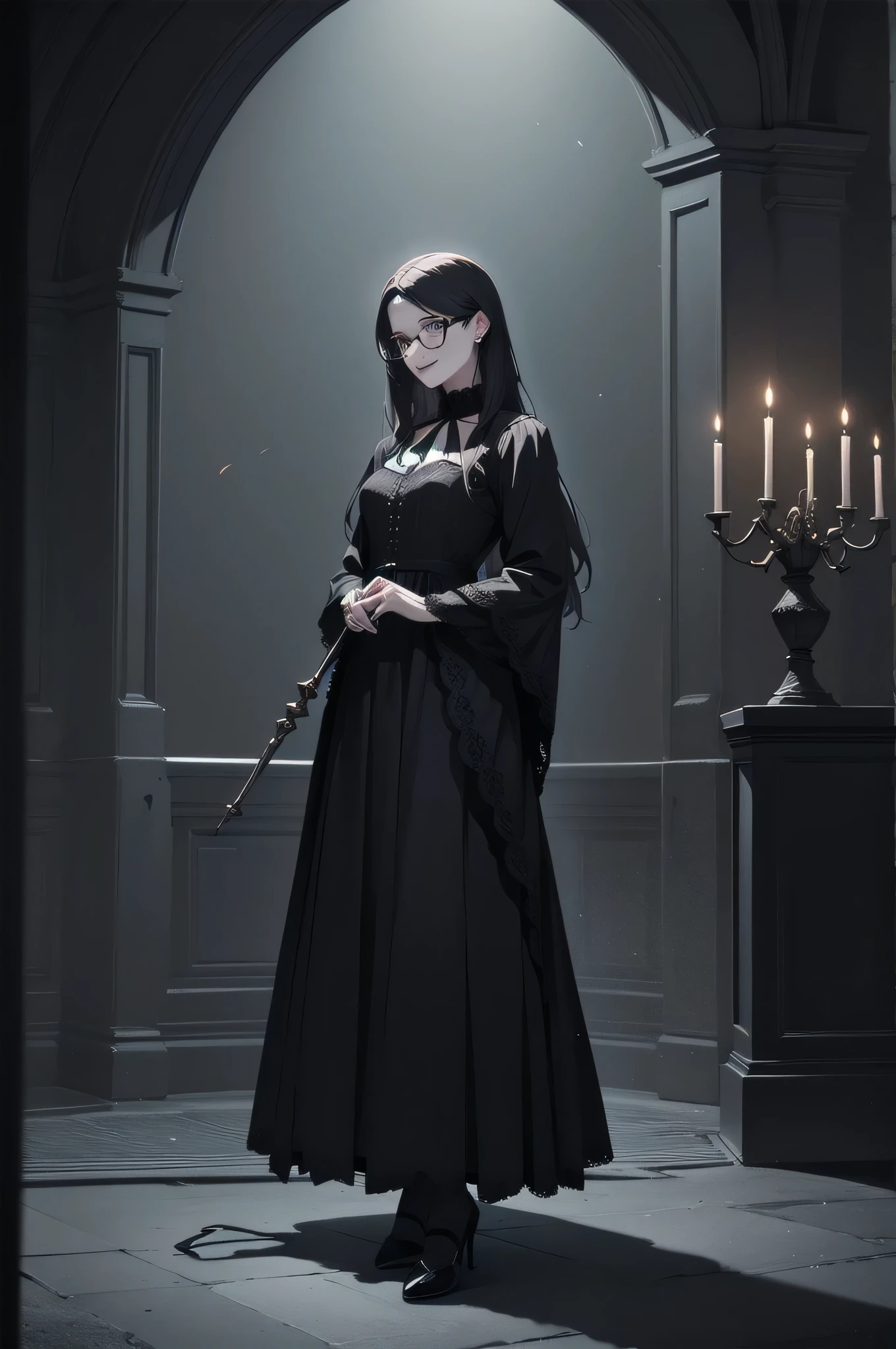 beautiful girl、cute、baby face、smile、Glasses、Long skirt、Black pumps、Magic wand、witch、beautiful girl、Gothicドレス、Long Dress、(Best Quality,4K,High resolution,Masterpiece 1.2),Very detailed,Real 1.37,Spooky altar background,Dark fantasy,Black color scheme,Ominous atmosphere,Eye-catching,Storytelling,Anime Style,Concept Art,Inappropriate behavior,,beautiful, Delicate facial features, pale Skin, Dark Background、Dark Background, Cinema Lighting, Dramatic Shadows, Gothic, Gloomy atmosphere, Dark fantasy, One person&#39;S, Red cheeks, ,(Blood splatter 1.3),Scary smile, smile,TwiSted smile、Bloody,(Blood splatter 1.3),Horror Style, ((Frilled Black Costume)), ((Flowing Black Hair)), Female Curves, Sexy flat stomach, Perfect hands, Perfect anime character face, (Black Dress)), Standing, ((Evil smile)), ,(Dark fantasy1.3), Moonlight Illumination, night lighting, (Blood splatter 1.3),Anime Angel Design, Gothicarchitecture、architecture、Western architecture、Fantasy World、,Victorian city, Skeleton Gas Light,Absurd, High resolution、 ((Tabletop)), ((Best Quality)), (Very detailedな), ((Very detailed)), (beautiful), ((cute)), One personで,(1.6)、beautiful face、Full Body Ezbian、pale, beautiful肌、Big Breasts、beautiful black hair、Long Hair、Smiling Kindly、Dark building ruins、(snow white&#39;Frill dress 1.3)、(The dark ruins are Bloody 1.3)、Low angle full body shot、(Glasses 1.2)、(Creepy 1.3)、(The girl lost a lot of blood............1.3)、(crazy smile1.6)、(Blood dripping from the mouth 1.3)、（Glasses 1.5）、Wearing Glasses、Droopy eyes、Glasses、Gothic Dress、bangs, Long Hair, Black Hair、Dark fantasy 、background