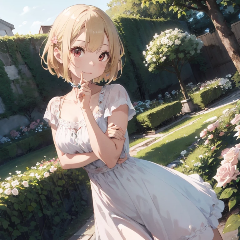 8k, RAW Photo Fujifilm, Avril-inspired photo of a beautiful young woman in a garden of pale pink roses (Highly detailed skin: 1.2) Style Petal Break Short Hair, Blonde and colored hair, Wear a dress, Film Granulation, 35mm, Cute Style