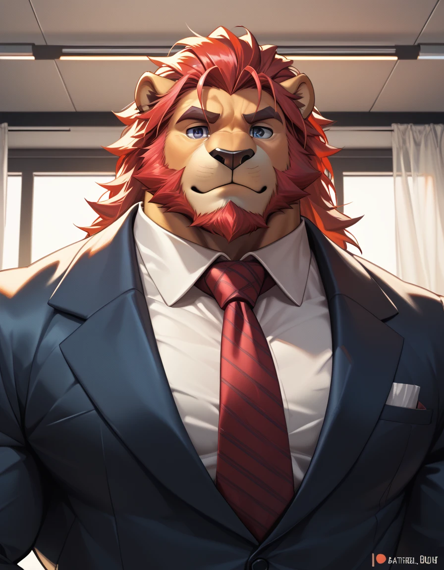 bara lion, fur. massive muscular, strong physique, perfect anatomy, masterpiece, black beard, big eyes, solo, great lighting, suits, tie, businessman, old, red beard