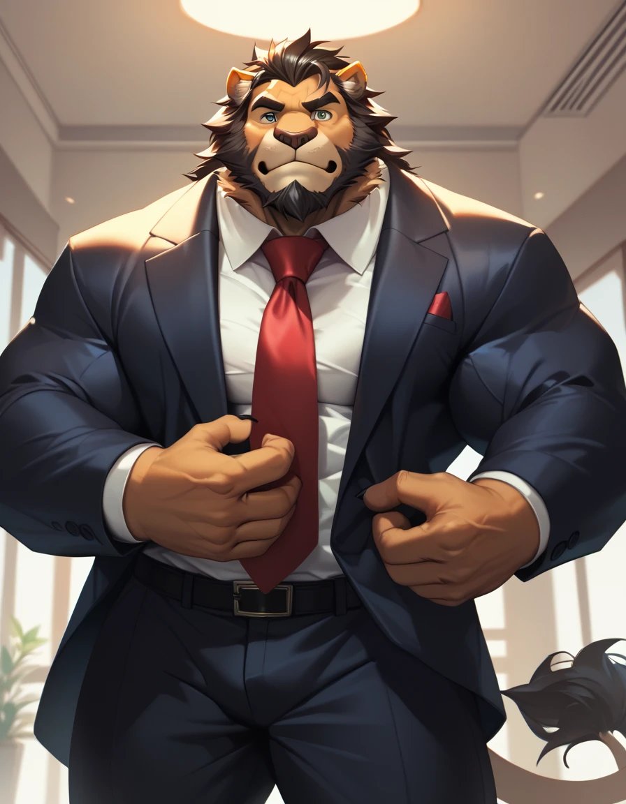 bara lion, fur, strong physique, perfect anatomy, masterpiece, black beard, big eyes, solo, great lighting, suits, tie, businessman