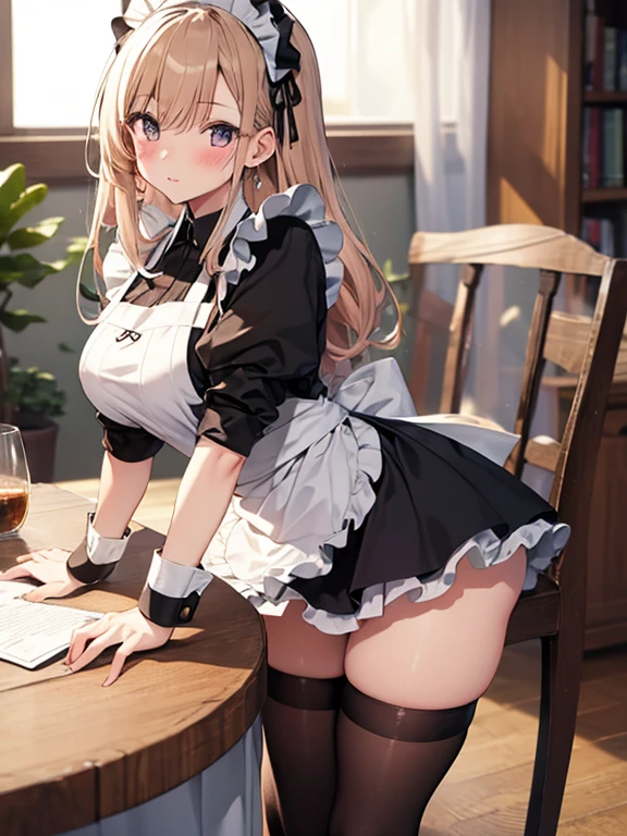 table top, highest quality, airiv 4, 1 girl, alone, blush, thighs thighs thighs, black stockings, apron, zettai ryouiki, maid, maid&#39;s headdress, cleavage, wrist cuffs