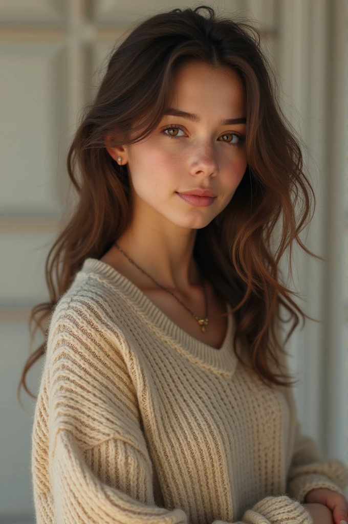 petite girl, waist-length hair, Brown eyes, beige sweater, white skirt shorts