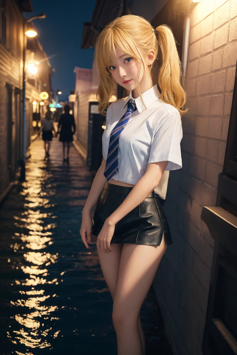 best quality, ultra high res, (photorealistic:1.4), 1girl, night, wet, rain,blue jacket, Tie white shirt,Long legs, slim legs,Black shorts,corneo_power