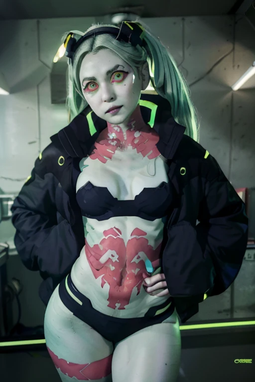 cprebecca, rebecca, beautiful full body girl standing and looking forward, round face, tender face, metallic-like skin, colored skin, white skin, green hair, twin tails, artificial eyes, green eyes, green iris, red sclera, black jacket, black bra, black panties